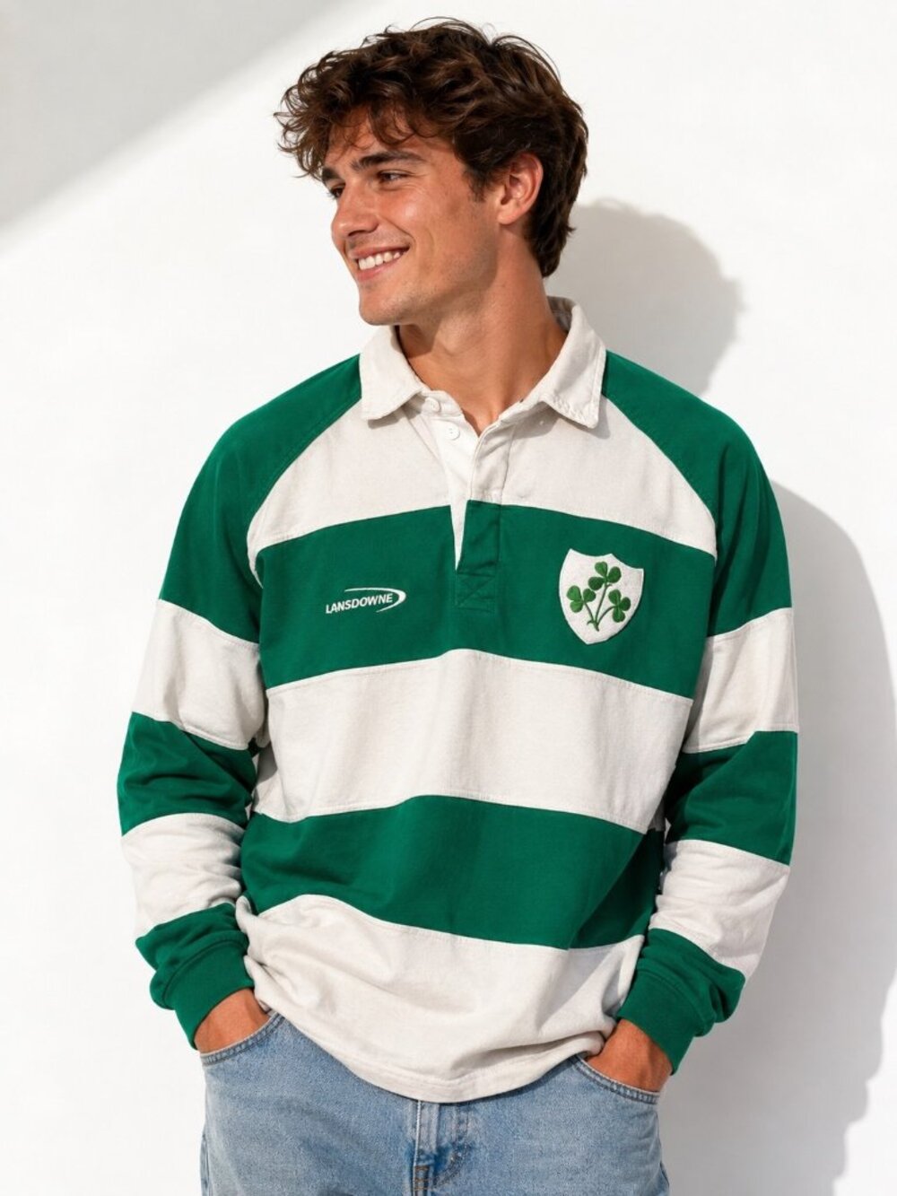 Vintage Lansdowne Ireland Rugby Shirt Green White Striped Shamrock XXL Y2K